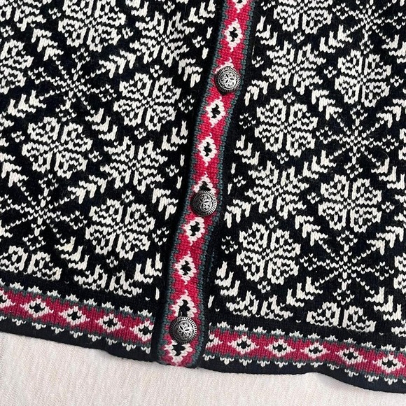 L.L.Bean Women's 1X Merino Wool Nordic Cardigan Sweater Black White Red - Picture 2 of 7